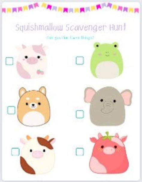 Lovely themed scavenger hunt with a Squishmallow theme! Great for all ages! Squishmallow Birthday Party, Sleepover Birthday Parties, Birthday Party Activities, Party Activities, 8th Birthday, 7th Birthday, Scavenger Hunt, Bday Party, Party Games