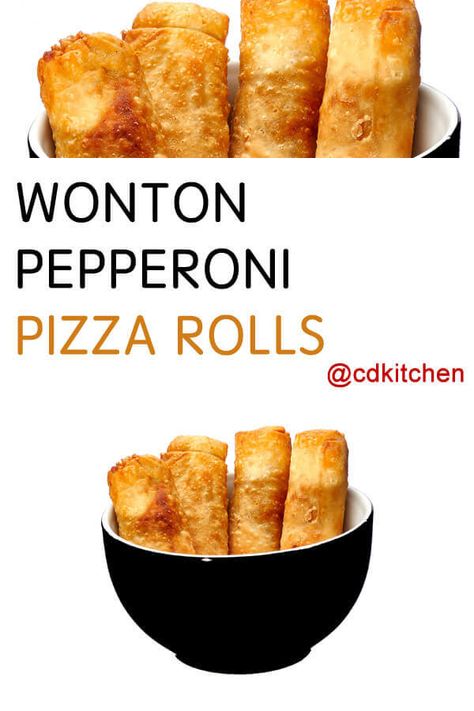 Wonton Pepperoni Pizza Rolls - Made with pepperoni, mozzarella cheese, wonton wrappers, , olive oil, tomato sauce, tomato paste, Worcestershire sauce, Parmesan cheese, dried basil, dried oregano, granulated garlic, black pepper | CDKitchen.com Pizza Egg Rolls, Pizza Rolls Recipe, Pepperoni Pizza Rolls, Wonton Wrapper Recipes, Homemade Pizza Rolls, Pizza Roll Recipe, Pizza Cups, Pizza Roll Up, Pepperoni Rolls