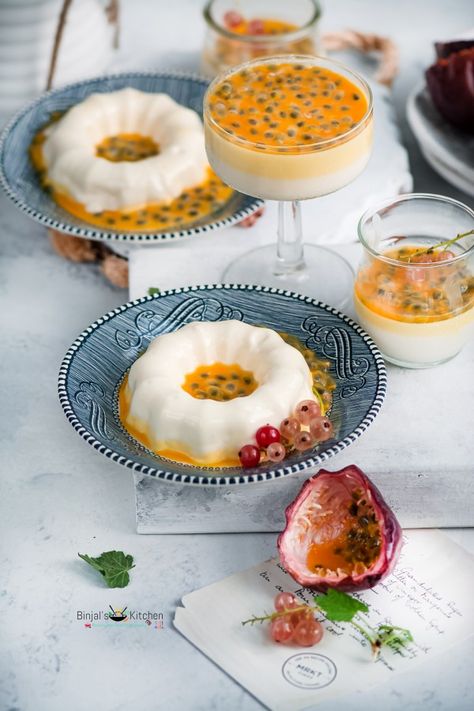 Vegan Panna Cotta, Tropical Desserts, Plated Dessert, Passion Fruit Juice, Milk Pan, Fruit Toppings, Plated Desserts, Summer Dessert, Italian Desserts