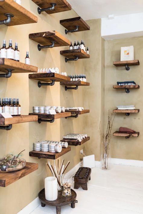 Skincare Retail Design, Spa Retail Shelves, Small Shop Interior Design Retail, Skincare Shop Interior, Industrial Retail Store Design, Small Shop Design Retail Stores, Small Retail Store Design Boutiques, Small Retail Store Design, Industrial Interior Design Office