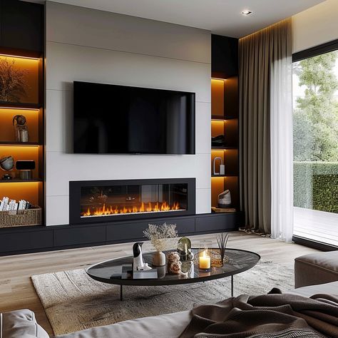 Lounge With Fireplace And Tv, Open Fire Places Ideas Living Room, Fire Places Ideas Living Room Modern, Tv And Fire Wall Ideas, Warm Home Aesthetic, Tv Unit Ideas, Modern Tv Unit, Display Room, Industrial Home Decor