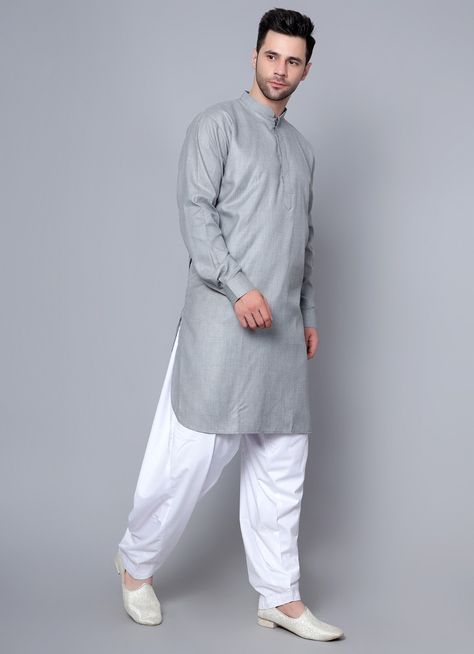 Featuring men's kurta salwar set. This polyester fabric kurta in grey colour with band collar and full sleeves with centre front opening. It comes paired with white polyester salwar. Kurta Colour For Men, Grey Kurta Mens, Shadi Outfits, Grey Kurta, Indian Clothing Brands, Kurta Pajama Men, Ethnic Wear Indian, Men's Kurta, Kurta Men