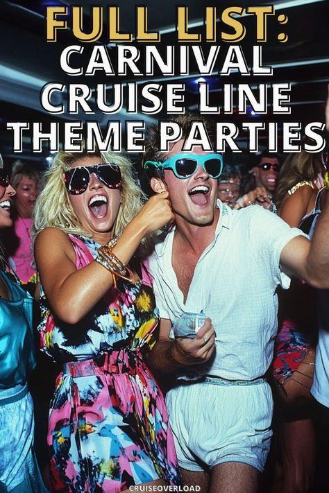 Carnival Cruise Line has just announced an exciting new lineup of theme parties for 2024! From 80s Rock and Glow to White Hot Nights, get ready to pack your best outfits for a cruise filled with unforgettable fun. 🚢 Discover what’s in store and start planning your ultimate party-at-sea adventure today! Cruise Night Club Outfits, 80s Cruise Outfit, Group Cruise Ideas, Cruise Themed Party Ideas, Outfits For A Cruise, Glow Party Outfit, Cruise Theme Parties, Party Schedule, 80’s Rock