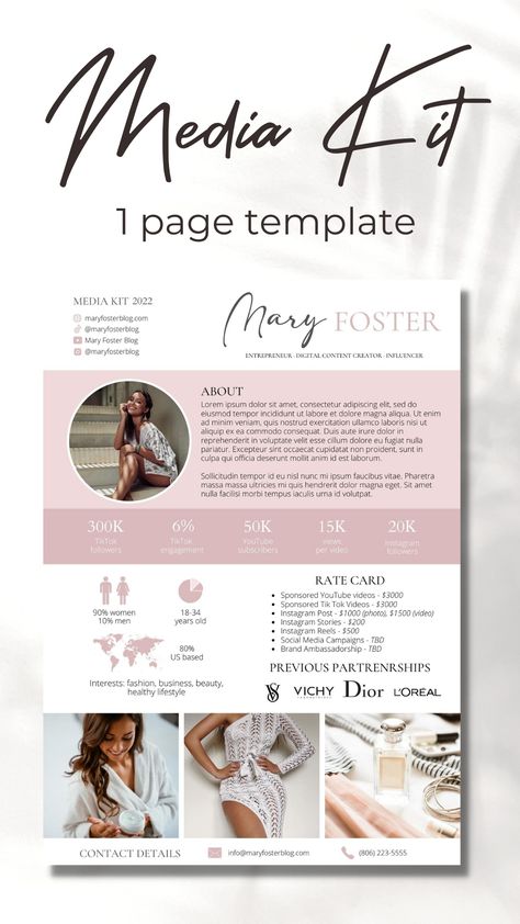 One Page Media Kit with Rate Card for Instagram and TikTok Influencer, YouTuber Media Kit Canva Template, Content Creator Media Kit Rate Card Influencer, Rate Card Design, Media Kit Examples, Rate List, Media Kit Design, Electronic Press Kit, Blogger Media Kit, Rate Card, Tiktok Influencer