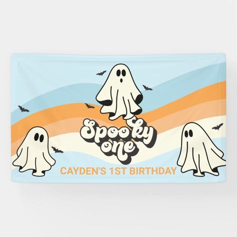 Two Spooky, Groovy Ghost, Spooky One, Fall Birthday Parties, Retro Ghost, Blue Banner, Birthday Halloween Party, Birthday Party Banner, Retro Groovy