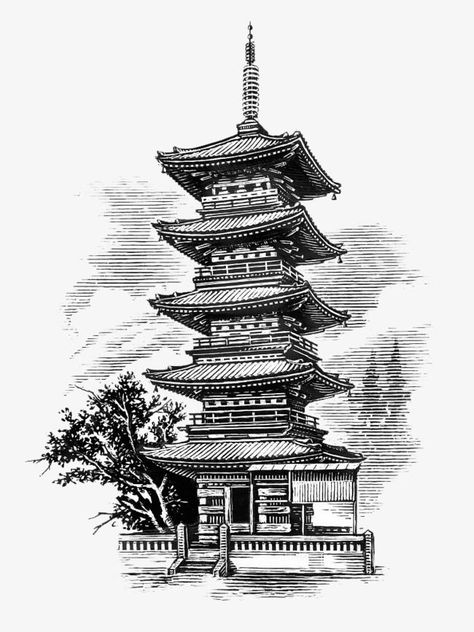 Japanese Temple Drawing, Pagoda Tattoo, Japanese Temple Tattoo, Samurai Warrior Tattoo, Temple Tattoo, Structure Building, Art Vampire, Pen Art Work, Japan Painting