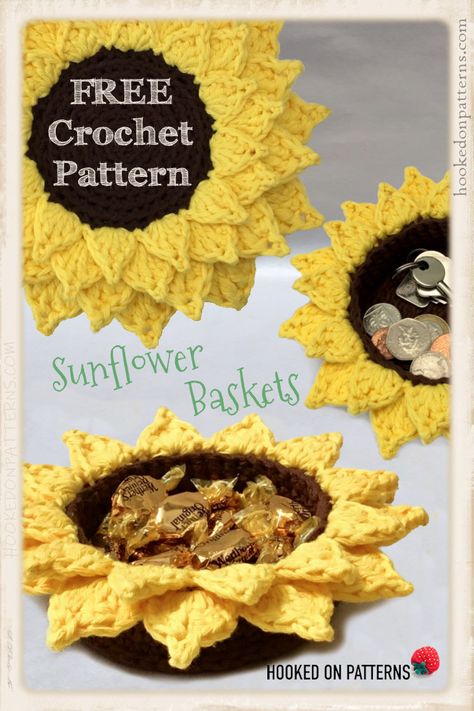 Sunflower Bowl Cozy, Sunflower Basket, Crocheted Sunflower, Free Form Crochet, Basket Crochet Pattern, Crochet Storage Baskets, Crochet Bowl, Basket Crochet, Cozy Crochet Patterns