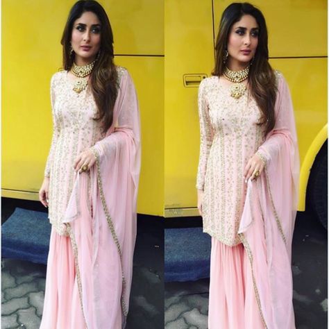 Kareena Kapoor Khan wore this stunning Nimrit & Jyoti Gill pastel pink hand embroidered Sharara. Keeping her make up soft and her hair down placed perfectly over her shoulders, Kareena looks ab… Pink Sharara, Orang India, डिजाइनर कपड़े, Sonarika Bhadoria, Eid Outfits, Desi Wear, Stylish Wedding Dresses, Kareena Kapoor Khan, Indian Clothes