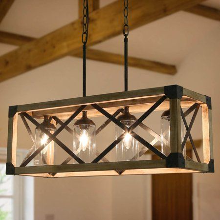 This farmhouse chandelier fixtures are made with classic natural wood frame and clear glass shades. The large size can brighten up your space extrimely. The open-cage linear chandelier light with barn-inspired X-brace design stretching across each side, recalling reminiscent of country barn doors and rustic farmhouse gates. It is perfect for kitchen island,dining room, hallway,foyer, bedroom, living room, loft, entryway, cafe, bar, restaurant and any indoors. Features: Demensions:Measures 10" wi Kitchen Island Square, Linear Kitchen Island Lighting, Wood And Metal Chandelier, Diy Farmhouse Ideas, Metal Island, Aged Wood, Island Chandelier, Light Kitchen Island, Kitchen Island Lighting Pendant