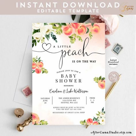 Peach Bridal Showers, Invites Template, Couples Baby Shower Invitations, Peach Baby Shower, Sprinkle Invitations, Couples Baby Showers, Summer Bridal Showers, Gender Party, Bridal Shower Welcome Sign