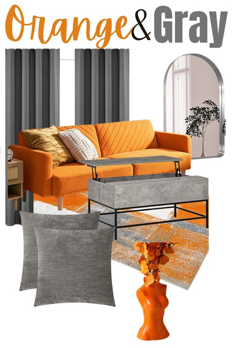 Orange and Gray Living Room Home Decor Grey And Orange Living Room Ideas, Orange And Gold Living Room Decor, Gray And Orange Living Room Ideas, Living Room Ideas Orange, Orange And Gray Living Room, Orange Chairs Living Room, Orange And Grey Living Room, Orange And Grey Living Room Decor, Orange Living Room Decor Ideas