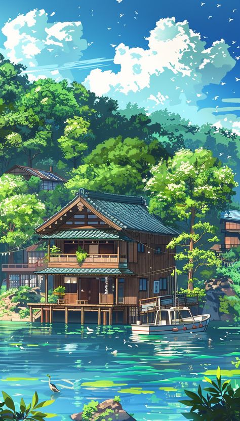 #cartoon #pixel #wallpaper #japan #ai #aiart #anime Anime Japanese House, Anime Lake, Pixel Japan, House By The Lake, Pixel Wallpaper, Anime House, Cartoon Ideas, House Cartoon, By The Lake