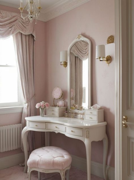 Victorian Pink Bedroom, Pink Victorian Bedroom, Blair Waldorf Bedroom, Vintage Vanity Aesthetic, Pink Bedroom Accessories, Victorian Room, Victorian Bedroom, Feminine Bedroom, Vanity Room