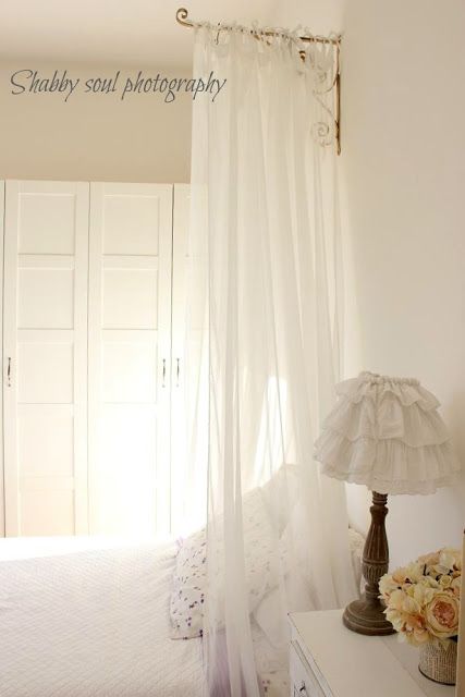 Idea for an over bed canopy Diy Canopy Bed Small Room, Canopy Bed In Studio Apartment, Diy Curtains Over Bed, Canopy Headboard Ideas, Canopy Over Desk, Adding A Canopy To A Bed, Curtains Over Bed Ideas, Bed Canopy Ideas Diy, Bed Canopy Slanted Ceiling