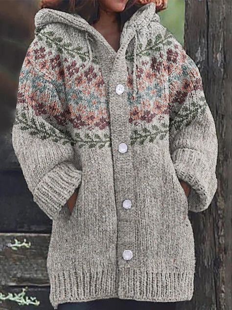 Tienda de rong Pattern Cardigan, Icelandic Sweaters, Ocean Fashion, Patterned Cardigans, Cozy Cardigan, Vintage Button, Casual Sweaters, Vintage Knitting, Hooded Sweater