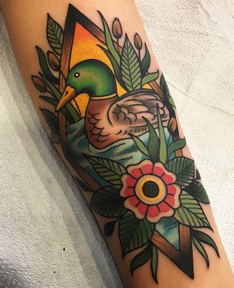 Mallard duck tribute for the grandparents, thanks again Brooke! #ducks #traditionaltattoo # Old School Duck Tattoo, Neo Traditional Duck Tattoo, Traditional Duck Tattoo, Duck Tattoo Ideas, 01 Tattoo, Traditional Sailor Tattoos, Grandparents Tattoo, Duck Tattoos, Sorry Mom