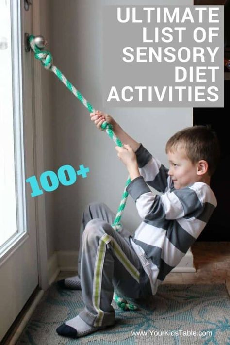 100 Awesome and easy sensory diet activities that you can start using in your home today! Find the best activities for your kid. Sensory Disorder, Sensory Therapy, Sensory Motor, Sensory Diet, Sensory Rooms, Pediatric Occupational Therapy, Sensory Tools, Sensory Integration, Sensory Room