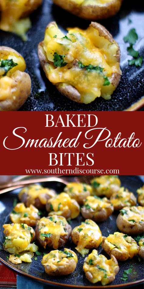 Baked Cheesy Smashed Potato Bites - southern discourse Baby Potato Appetizers, Smashed Potatoes Baked, Gold Potato Recipes, Baby Potato Recipes, Crispy Potato Skins, Potato Appetizers, Gold Potatoes, Potato Bites, Baby Red