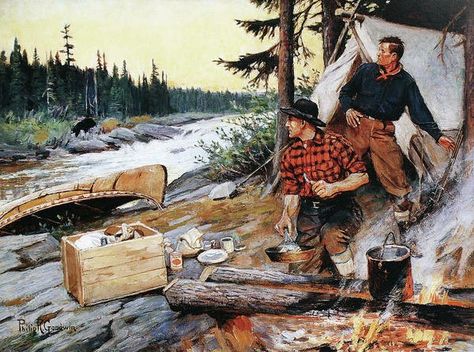 Western Illustration, Canadian Forest, Illustration Man, Junkyard Dog, Cowboy Stuff, Hunting Art, Log Cabin Decor, Outdoor Paint, Cave Decor