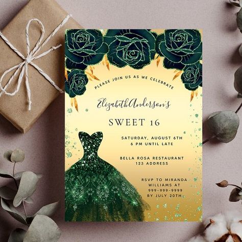 Sweet 16 Emerald Green, Green Gold Dress, Sweet Sixteen Party Themes, Western Centerpieces, Green And Gold Dress, Sweet 16 Themes, 16 Invitations, Quinceanera Dresses Gold, 80th Birthday Invitations