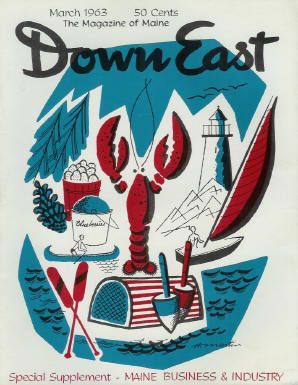 Down East: The Magazine of Maine - March, 1963 Maine Illustration, Cape Illustration, Maine Poster, Maine Aesthetic, England Art, Wanderlust Decor, Art 2022, Apartment Vibes, Mid Century Illustration