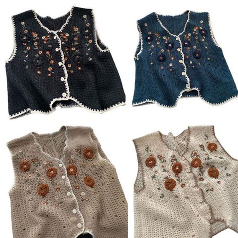 Crochet Knit Vest, Knit Embroidery, Hippie Costume, Vest Waistcoat, Embroidery Floral, Sleeveless Cardigan, Vintage Hippie, Casual Stylish, Cropped Cardigan