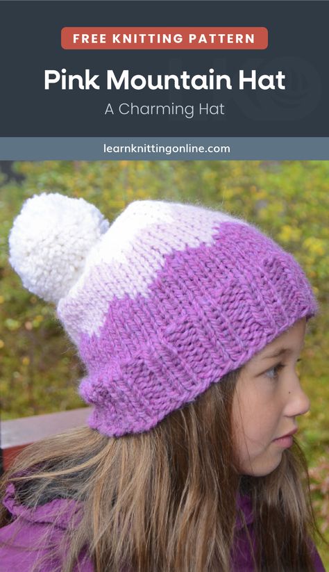 Make your girl look even cuter with this lovely Pink Mountain Hat. A cute beanie with a zigzag pattern and a pompom, this piece will make any outfit more fun and adorable! It makes for a delightful gift idea for kids too.| More free knitting patterns and tutorials at learnknittingonline.com #handmadegifts #fallknittingpatterns #winterknittingpatterns Toddler Hat Knitting Pattern Free, Knitted Kid Hat, Children’s Knitted Hats, Children’s Knit Hat Patterns With Bernat Chunky, Child Hat Knitting Pattern, Girls Hat Pattern, Learn Knitting, Hat Free Knitting Pattern, Winter Knitting Patterns