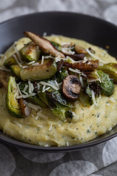 Sage Polenta Bowls with Roasted Brussels Sprouts & Wild Mushrooms Sage Polenta, Polenta Bowls, Polenta Recipes, Roasted Brussels Sprouts, Roasted Brussel Sprouts, Wild Mushrooms, Vegetarian Dinner, Meatless Meals, Meatless Monday