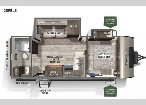 New Forest River RV Flagstaff Micro Lite 25FBLS Travel Trailer for Sale | Review Rate Compare Floorplans - RVingPlanet Super C Rv, Rockwood Mini Lite, Best Travel Trailers, Ultra Lite Travel Trailers, Rv Floor Plans, Lite Travel Trailers, Entry Storage, Weekend Camping Trip, Trailer Plans