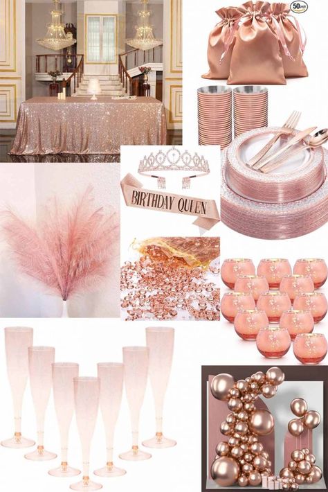 15 Stunning Rose Gold Party Theme Ideas - Baer Design Studio Golden Rose Birthday Party, Rose Gold Glam Birthday Party, Blush Pink Birthday Party Decorations, Birthday Color Theme Ideas, Pink And Rose Gold Birthday Party Ideas, Deco Anniversaire Rose Gold, Rose Gold 40th Birthday Ideas, Rose Gold Decorations Party, Rose Gold Decorations Birthday