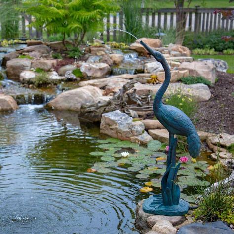 Aquascape Standing Crane Spitter | The Pond Guy Pond Spitters, Outdoor Waterfall Fountain, Water Fountain For Home, Bamboo Fountain, Concrete Fountains, Water Fountain Pumps, Outdoor Waterfalls, Container Water Gardens, Tabletop Water Fountain