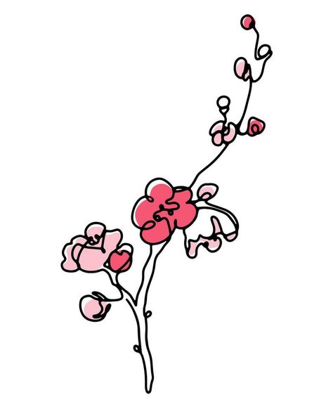 Spring sakura blooming branch one line art drawing with abstract pink color spots design. Outline vector illustration Sakura Illustration, Sakura Tattoo, Design Outline, Vector Nature, Sakura Bloom, Illustration Advertisement, Line Art Drawing, One Line Art, Easy Drawings Sketches