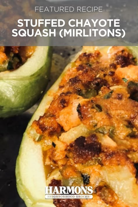 Featured Recipes - Stuffed chayote squash (mirlitons) #MyHarmons Stuffed Chayote Recipes, Coyote Squash Recipes, Weeknight Sides, Mirliton Recipes, Chayote Squash Recipes, Mirliton Recipe, Mexican Sides, Chayote Recipes, Alkaline Meals