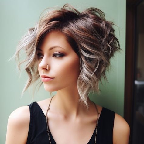 Uneven Pixie Haircut, Curly One Side Hairstyles, Balayage For Bob Haircut, Long Front Hair Short Back, Short Choppy Hairstyle Women Fine Hair, A Line Short Haircut, Edgy Haircuts For Medium Hair, Short Sassy Hairstyles For Fine Hair, Behind The Chair Haircut