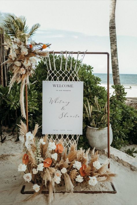 Boho details for a beautiful LGBT+ couple's wedding in Tulum, Mexico. Wedding signage, floral, and altar are perfect for a couple looking to celebrate at a tropical location. Tulum Mexico Wedding, Mexico Destination Wedding, Destination Wedding Mexico, Beach Boho, Tulum Mexico, Welcome To Our Wedding, Mexico Wedding, Wedding Signage, Boho Beach