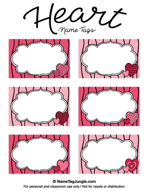 Free printable heart name tags. The template can also be used for creating items like labels and place cards. Download the PDF at http://nametagjungle.com/name-tag/heart/ Image St Valentin, Tag Template Free, Cubby Tags, Classroom Name Tags, Valentine Name, Valentine Template, Printable Tags Template, Name Tag Templates, Template Free Printable