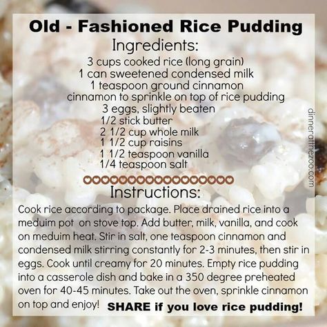 Rice Puddings, Old Fashioned Rice Pudding, Rice Pudding Recipes, Creamy Rice Pudding, Rice Pudding Recipe, Rice Recipes For Dinner, Creamy Rice, Pudding Desserts, Rice Pudding