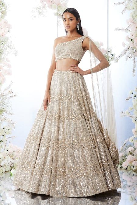 Buy Beige Organza Embellished Sequins One Lehenga And Draped Blouse Set For Women by Seema Gujral Online at Aza Fashions. Champagne Lehenga, Lailli Mirza, Sequins Lehenga, Sequin Lehenga, Seema Gujral, Gold Lehenga, Organza Lehenga, Draped Blouse, Lehenga Blouse