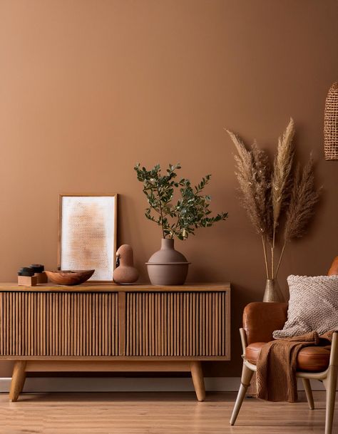 Earthy Brown for a Natural Ambiance Boho Paint Living Room, Earth Tones Wall Paint, Deep Terracotta Walls, Dark Beige Accent Wall, Cream Room With Accent Wall, Cocoa Wall Color, Boho Living Room Wall Paint, Cinnamon Accent Wall, Living Room One Wall Different Color