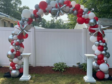 Red, Silver and White balloon arch with pedestals stand. Pedestal Stand, White Balloons, Balloon Arch, Arch, Balloons, White, Red, Silver, Instagram