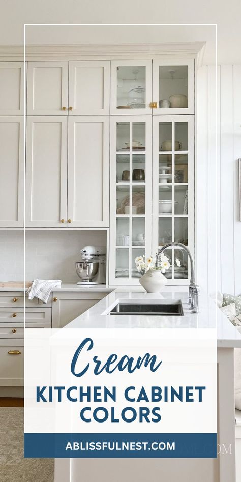 Infuse your kitchen with a touch of warmth and elegance with cream kitchen cabinet colors. Discover how these versatile shades can create a calming and inviting atmosphere while adding a touch of sophistication. Explore different pairings of countertops, backsplashes, and hardware to complement your cream cabinets and create a cohesive design. Let these inspiring ideas guide you on your kitchen transformation journey! #kitchenremodel #homeideas #creamcabinets Painted Kitchen Cabinets With White Countertops, Townplace Crema Kitchen, White Walls Beige Cabinets, Kraftmaid Canvas Cabinets, Best White Color For Kitchen Cabinets, Kitchens With Ivory Cabinets, White Vs Cream Kitchen Cabinets, Cream Cabinets With White Walls, Cabinet Color With White Dove Walls