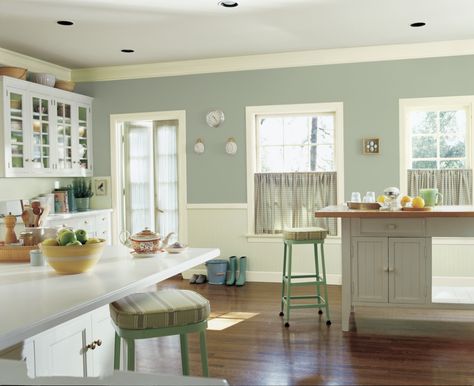 classic country kitchen: cabinet mix glass and beadboard, wood and quartz counters, wood floors, paint Cascade Green (SW 0066) Sage Green Kitchen Walls, Green Kitchen Paint, Cascade Green, Green Kitchen Walls, Timeless Paint Colors, Best Wall Colors, Paint For Kitchen Walls, Sage Green Kitchen, Kitchen Green