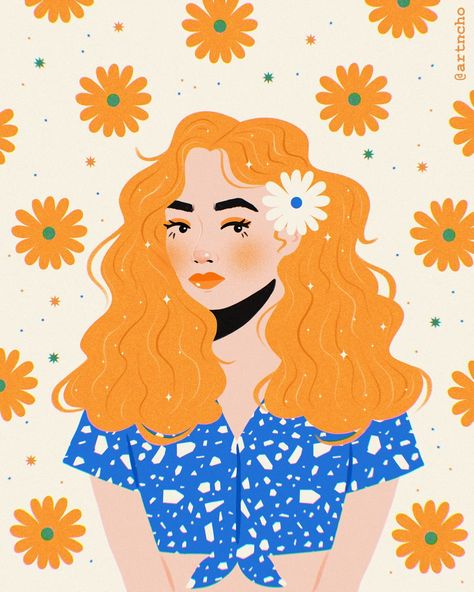 Girl with long red hair and a flower in her hair and blue t-shirt David Illustration, Red Hair Illustration, Challenge Illustration, Illustrated Portraits, Procreate Portrait, Hair Illustration, Long Red Hair, Daily Drawing, Illustrators On Instagram