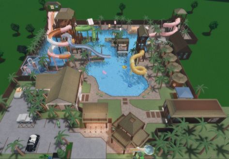 Bloxburg Community Pool, Bloxburg Amusement Park Layout, Bloxburg Indoor Waterpark, Bloxburg Water Slide Ideas, Waterpark Bloxburg Layout, Bloxburg Hotel Pool Ideas, Theme Park Bloxburg, Water Park Layout Bloxburg, Bloxburg Splash Pad