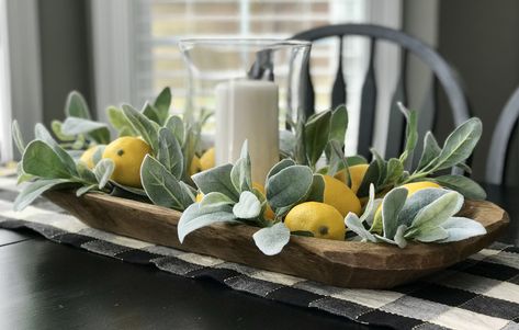 Spring Farmhouse Decorating, Dough Bowl Centerpiece, Farmhouse Table Centerpieces, Dining Room Table Centerpieces, Lemon Decor, Farmhouse Decoration, Dough Bowl, Spring Home Decor, Centerpiece Bowl