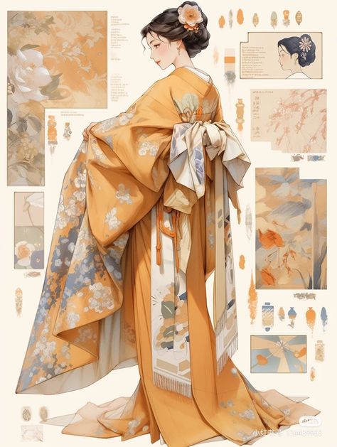 Fantasy Kimono Design, Kimono Inspired Outfit, Yukata Drawing, Kimono Drawing, Japanese Traditional Clothing, Anime Kimono, Dress Design Drawing, Kimono Design, Fashion Drawing Dresses