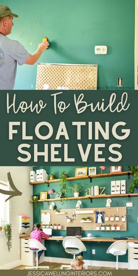 This is a great beginner woodworking project because it’s just about as simple as it gets, and only requires basic tools. Easy Diy Shelves, Homeschool Desk, Diy Shelves Easy, Diy Floating Shelf, Diy Floating Shelves, Build Floating Shelves, Diy Office, Floating Shelves Diy, Kitchens And Bedrooms