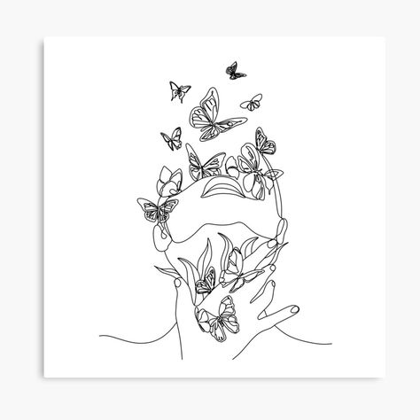 Abstract face with butterfly by one line drawing. Portrait minimalistic style. Botanical print. Nature symbol of cosmetics. Modern continuous line art. Fashion print. Beaty salon art by OneLinePrint | Redbubble Butterfly Face Drawing, Embroidery Face Outline, Butterfly Girl Art, Face With Butterfly, Nature Doodle, One Line Portrait, Line Drawing Portrait, Body Line Art, Continuous Line Art