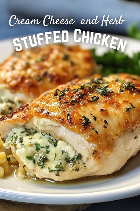 Try this delicious Cream Cheese and Herb Stuffed Chicken recipe for a tasty dinner! Juicy chicken breasts are filled with creamy cheese and fresh herbs, making every bite full of flavor. Easy to make and perfect for weeknight meals or special occasions. Your family will love it! Cream Cheese Stuffed Chicken Recipes, Boursin Cheese Stuffed Chicken, Creamy Stuffed Chicken Breast, Stuffed Chicken Breast Broccoli And Cream Cheese, Filled Chicken Breast Recipes, Stuffed Chicken Recipes Cream Cheese, Chicken Breast Cream Cheese Recipes, Cream Cheese And Chicken Recipes, Foods With Chicken