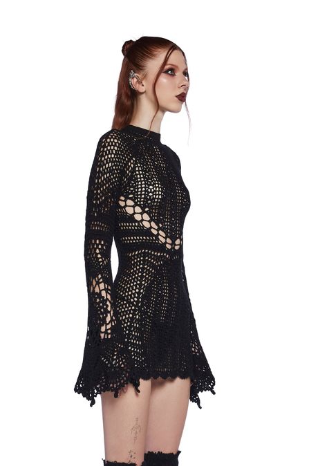 Vivienne Westwood Crochet Dress, Crochet Thread Clothes, Knitted Mini Dress, Crochet Alternative Clothing, Crochet Fall Dress, Black Crochet Ideas, Crochet Bell Sleeve Dress, Bell Sleeve Outfit, Sheer Dress Black